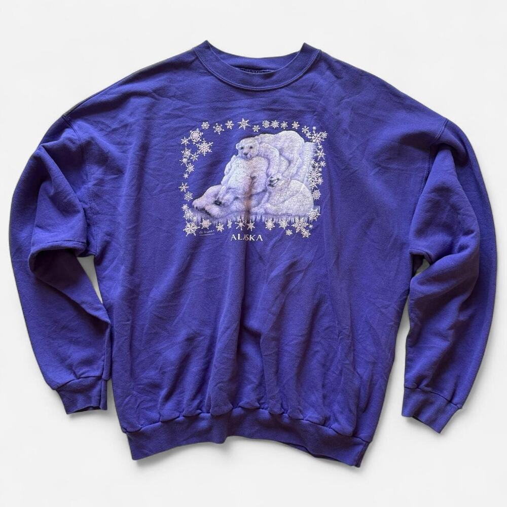 Hanes Vintage Purple Alaska Winter Polar Bear Crewneck Sweater